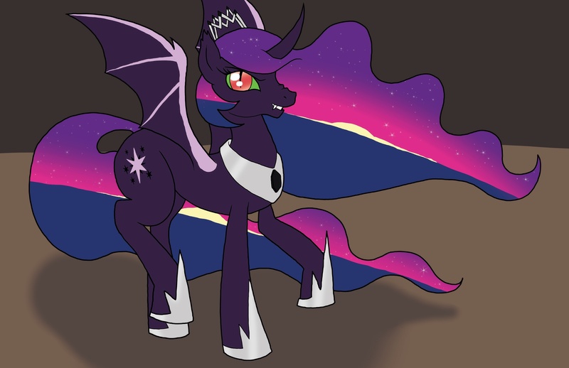 Size: 2550x1650 | Tagged: safe, artist:bico-kun, derpibooru import, twilight sparkle, twilight sparkle (alicorn), oc, alicorn, bat pony, pony, alicorn oc, crown, curved horn, cutie mark, dark magic, ethereal mane, evil grin, fanfic art, fangs, magic, nightmare twilight, nightmarified, slit eyes, solo