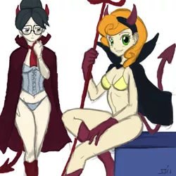 Size: 900x900 | Tagged: artist:johnjoseco, breasts, carrot top, clothes, colored, color edit, corset, costume, derpibooru import, devil horns, edit, female, females only, glasses, golden harvest, human, humanized, nightmare night, panties, suggestive, underwear, writing desk