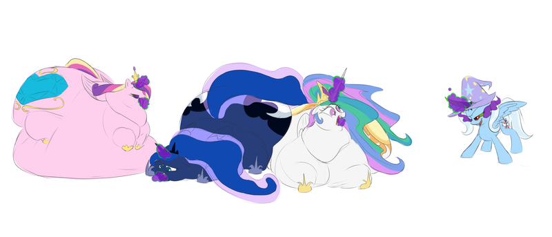 Size: 3500x1501 | Tagged: questionable, artist:calorie, derpibooru import, king sombra, princess cadance, princess celestia, princess luna, trixie, alicorn, pony, alicorn triarchy, alicornified, belly, belly bed, big belly, chubbylestia, corrupted, dark magic, fat, force feeding, hypnosis, hypnotized, immobile, impossibly large belly, impossibly large butt, impossibly large everything, impossibly wide hips, lovebutt, magic, magic control, moonbutt, morbidly obese, obese, plot, possessed, possession, princess decadence, princess moonpig, race swap, royal fitness, sombra eyes, sunbutt, trixiecorn, weight gain, wide hips