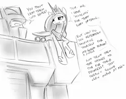 Size: 1070x841 | Tagged: safe, artist:alloyrabbit, derpibooru import, princess celestia, alicorn, pony, bitchlestia, crossover, dialogue, eye contact, female, grin, lidded eyes, looking at each other, mare, monochrome, optilestia, optimus prime, prone, simple background, size difference, sketch, smiling, smirk, speech bubble, transformers, trollestia, white background