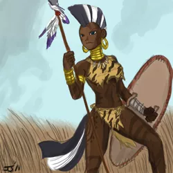 Size: 900x900 | Tagged: artist:johnjoseco, breasts, clothes, colored, color edit, cutie mark on human, dark skin, derpibooru import, earring, edit, female, human, humanized, loincloth, piercing, shield, skirt, solo, solo female, spear, suggestive, tailed humanization, weapon, zecora, zulu