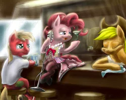 Size: 1280x1024 | Tagged: safe, artist:88shyguy, derpibooru import, applejack, big macintosh, pinkie pie, pony, bar, bipedal, clothes, cocktail, corset, martini, microphone, shoes, stockings