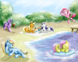 Size: 1280x1024 | Tagged: safe, artist:88shyguy, derpibooru import, applejack, fluttershy, pinkie pie, rainbow dash, rarity, twilight sparkle, beach, mane six, tea party