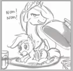 Size: 271x266 | Tagged: safe, artist:johnjoseco, derpibooru import, princess celestia, scootaloo, alicorn, pegasus, pony, female, filly, grayscale, implied cannibalism, looking at you, low quality, mare, monochrome, pony as food, rope, scootachicken, tied up