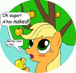 Size: 320x308 | Tagged: safe, artist:db, derpibooru import, applejack, earth pony, pony, adam, apple, bible, blushing, bust, comic, cute, freckles, garden of eden, missing accessory, solo, tree of knowledge, we don't normally wear clothes