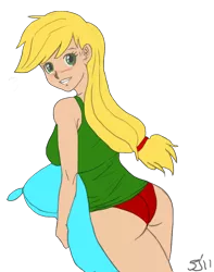 Size: 800x1016 | Tagged: applebucking thighs, applebutt, applejack, artist:johnjoseco, artist:tenchifreak5, ass, blonde hair, blushing, breasts, clothes, colored, color edit, derpibooru import, edit, female, green eyes, human, humanized, looking at you, looking back, panties, pillow, ponytail, simple background, solo, solo female, suggestive, the ass was fat, transparent background, underwear