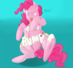 Size: 753x702 | Tagged: safe, artist:dolly, artist:twizzle, derpibooru import, pinkie pie, pony, belly, bipedal, body writing, colored, foodplay, frosting, messy, preggy pie, pregnant, solo