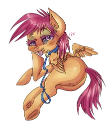 Size: 874x982 | Tagged: suggestive, derpibooru import, scootaloo, bedroom eyes, collar, fangs, female, leash, lesboloo, plot, simple background, solo, solo female, tongue out, transparent background, underhoof