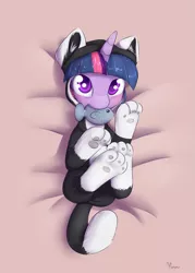 Size: 1125x1575 | Tagged: safe, artist:alasou, deleted from derpibooru, derpibooru import, twilight sparkle, fish, pony, unicorn, animal costume, behaving like a cat, clothes, costume, cute, female, legs in air, looking at you, mare, mouth hold, nom, on back, pajamas, paw print hooves, paws, smiling, solo, twiabetes, twilight cat