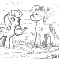 Size: 1280x1280 | Tagged: artist:johnjoseco, daisy, daisygrape, derpibooru import, female, flower wishes, garden, goldengrape, grayscale, male, monochrome, safe, shipping, sir colton vines iii, straight