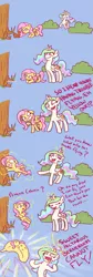 Size: 1383x4127 | Tagged: artist:poptart36, banana, bananalestia, banana magic, bananashy, comic, dialogue, fluttershy, hilarious in hindsight, magic, majestic as fuck, open mouth, princess celestia, safe, squirrel, tasty fruit, transformation, trollestia, wat