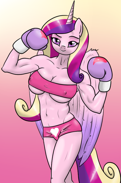 Size: 532x800 | Tagged: abs, anthro, artist:hellbridge, biceps, boxing gloves, breasts, busty princess cadance, derpibooru import, female, flexing, foxy boxing, looking at you, muscles, nipple outline, nudity, pose, princess cadance, princess ca-dense, smirk, solo, solo female, suggestive