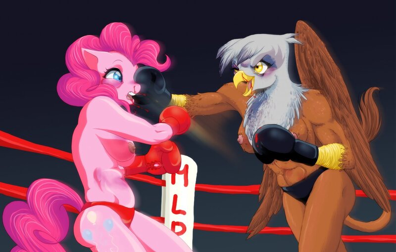 Size: 1280x816 | Tagged: questionable, artist:viroal, derpibooru import, gilda, pinkie pie, anthro, gryphon, armpits, blood, boxing, boxing gloves, boxing ring, breasts, bruised, clothes, female, fight, foxy boxing, impact, motion blur, muscles, nipples, nudity, panties, punch, rippda, ryona, sports, topless, underwear