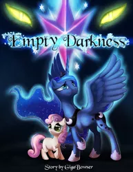 Size: 833x1078 | Tagged: safe, artist:t0xiceye, derpibooru import, princess luna, sweetie belle, alicorn, pony, unicorn, aura, blank flank, comic, dark, element of magic, empty darkness, fanfic art, female, filly, frown, glow, glowing eyes, lidded eyes, looking up, mare, raised hoof, sad, scared, shoulder fluff, text, wing fluff