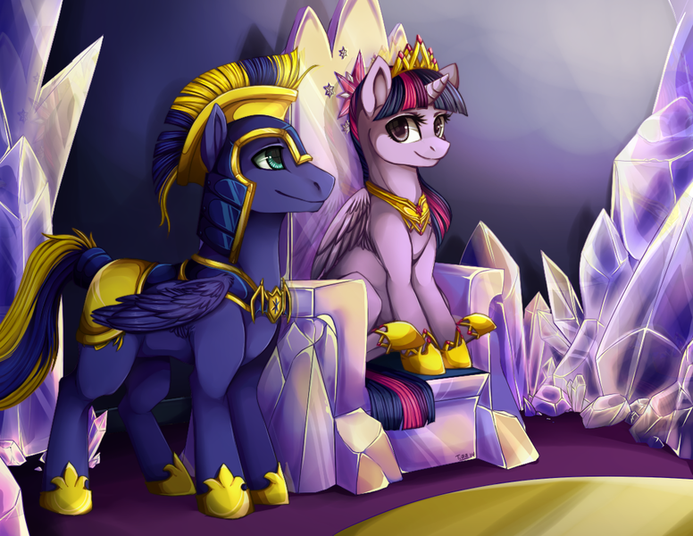 Size: 1099x850 | Tagged: safe, artist:mr-tiaa, derpibooru import, twilight sparkle, twilight sparkle (alicorn), oc, oc:zephyr, alicorn, pegasus, pony, armor, canon x oc, crown, element of magic, female, friendship throne, hoof shoes, mare, new crown, regalia, royal guard, sitting, smiling, tail wrap, throne, twiphyr