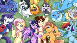 Size: 4422x2480 | Tagged: safe, artist:jinzhan, derpibooru import, applejack, derpy hooves, fluttershy, princess luna, rainbow dash, rarity, spitfire, trixie, twilight sparkle, twilight sparkle (alicorn), zecora, ponified, alicorn, pony, zebra, black cat, crossover, female, harem, mare, on back, peter parker, s1 luna, spider-man, spiders and magic: rise of spider-mane, spidertwi, underhoof