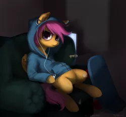 Size: 2163x2015 | Tagged: anthro, artist:purmu, bandaid, clothes, couch, derpibooru import, earbuds, hoodie, older, safe, scootaloo, scooter, sitting, solo