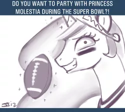 Size: 650x582 | Tagged: suggestive, artist:johnjoseco, derpibooru import, princess celestia, alicorn, pony, ask princess molestia, princess molestia, american football, clothes, jersey, monochrome, rapeface, solo