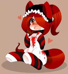 Size: 800x870 | Tagged: artist:snow angel, blank flank, blood, blushing, clothes, cute, derpibooru import, grimdark, knife, oc, oc:love, pixiv, socks, solo, stabbing, striped socks, underhoof, unofficial characters only