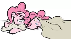 Size: 1071x583 | Tagged: safe, artist:mostazathy, derpibooru import, pinkie pie, earth pony, pony, blanket, cute, diapinkes, female, mare, one eye closed, pillow, prone, simple background, sleepy, solo