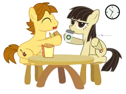 Size: 975x728 | Tagged: artist:dm29, coffee, derpibooru import, eating, eyes closed, female, food, hay burger, male, mandofire, oc, oc:mandopony, onion horseshoes, safe, shipping, sibsy, simple background, straight, transparent background, unamused, wild fire