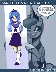 Size: 850x1082 | Tagged: artist:applestems, artist:johnjoseco, ask princess molestia, clothes, cute, derpibooru import, gamer luna, gamer luna fan art, human, humanized, lunabetes, princess luna, safe, schoolgirl, younger