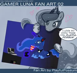 Size: 1000x941 | Tagged: artist:johnjoseco, artist:playfulpossum, ask princess molestia, computer, controller, derpibooru import, drink, drinking, gamer luna, gamer luna fan art, gaming, laptop computer, princess luna, safe, straw, television