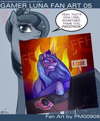 Size: 1200x1451 | Tagged: artist:johnjoseco, artist:pm00908, ask princess molestia, computer, derpibooru import, fire, gamer luna, gamer luna fan art, gaming, heart, princess luna, rage, safe, salt, vulgar