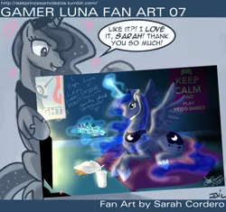 Size: 1280x1205 | Tagged: artist:johnjoseco, artist:sarah cordero, ask princess molestia, controller, derpibooru import, drink, gamer luna, gamer luna fan art, gaming, pillow, poster, princess luna, safe, television