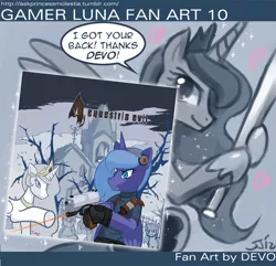 Size: 1000x964 | Tagged: artist:devo, artist:johnjoseco, ask princess molestia, baseball bat, crossover, derpibooru import, gamer luna, gamer luna fan art, gun, princess celestia, princess luna, princess molestia, resident evil, resident evil 4, safe