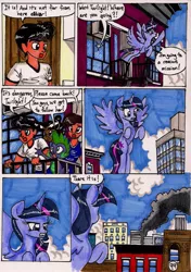 Size: 1375x1949 | Tagged: safe, artist:newyorkx3, derpibooru import, spike, twilight sparkle, twilight sparkle (alicorn), oc, oc:crystal, oc:sonia, oc:tommy, alicorn, human, pony, comic:twilight and the big city, comic, crysmmy, female, flying, mare, non-mlp oc, self insert, traditional art