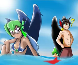 Size: 7087x5906 | Tagged: absurd resolution, artist:ryured, breasts, clothes, derpibooru import, human, humanized, human spike, nosebleed, oc, oc:blackswan, oc:lobo negro, spike, suggestive, swimsuit, vangun, winged humanization