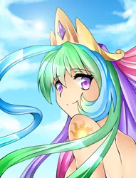 Size: 762x1000 | Tagged: safe, artist:the0ne-u-lost, derpibooru import, princess celestia, human, cleavage, female, humanized, long hair, looking at you, smiling, solo