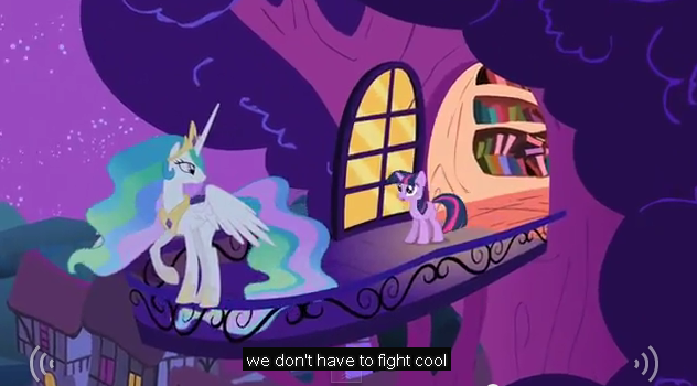 Size: 632x350 | Tagged: ambiguous, cool, derpibooru import, golden oaks library, meme, night, princess celestia, safe, screencap, source needed, twilight sparkle, youtube caption