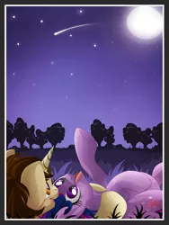 Size: 1350x1800 | Tagged: safe, artist:blackfreya, derpibooru import, twilight sparkle, twilight sparkle (alicorn), ponified, alicorn, pony, crossover, crossover shipping, cuddling, cute, female, grass, happy, hug, male, mama twilight, mare, moon, night, on back, open mouth, peter parker, pointing, pregnant, shooting star, sky, smiling, snuggling, spider-man, spiders and magic ii: eleven months, spiders and magic: rise of spider-mane, spidertwi, stars, straight, tongue out, underhoof