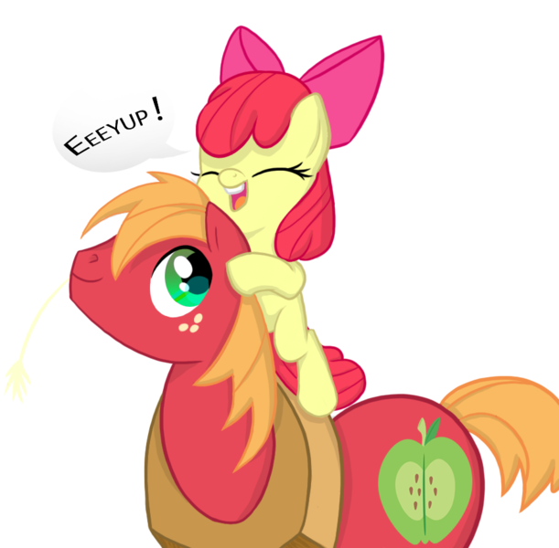 Size: 902x886 | Tagged: safe, artist:88ms-allie88, artist:abronyaccount, derpibooru import, apple bloom, big macintosh, earth pony, pony, adorabloom, brother and sister, cute, equestria's best big brother, female, macabetes, male, ponies riding ponies, simple background, speech bubble, stallion, transparent background