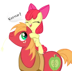 Size: 902x886 | Tagged: safe, artist:88ms-allie88, artist:abronyaccount, derpibooru import, apple bloom, big macintosh, earth pony, pony, adorabloom, brother and sister, cute, equestria's best big brother, female, macabetes, male, ponies riding ponies, simple background, speech bubble, stallion, transparent background