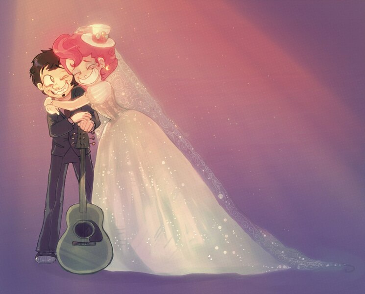 Size: 1271x1024 | Tagged: artist:technaro, clothes, crossover, crossover shipping, cute, dan, dan pie, dan vs, derpibooru import, dress, eyes closed, grin, guitar, hat, hug, human, humanized, pinkie pie, safe, shipping, smiling, tuxedo, wedding, wedding dress, wink