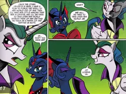 Size: 478x356 | Tagged: safe, derpibooru import, idw, princess celestia, princess luna, alicorn, pony, spoiler:comic, spoiler:comic20, chin stroke, dialogue, evil celestia, evil luna, evil sisters, eyes closed, fake smile, gritted teeth, lidded eyes, open mouth, preview, smiling