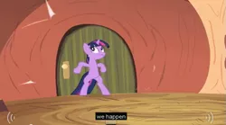 Size: 625x347 | Tagged: safe, derpibooru import, screencap, twilight sparkle, door, golden oaks library, meme, solo, youtube caption