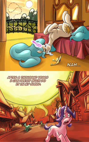 Size: 1000x1601 | Tagged: safe, artist:romanrazor, derpibooru import, princess celestia, alicorn, pony, unicorn, good morning celestia, apocalypse, ask, bed, blue-mane celestia, comic, drool, female, immiment apocolypse, magic, mare, on back, pandemonium, panic, raising the sun, sleeping, sun, sun work, tumblr, xk-class end-of-the-world scenario