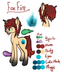 Size: 1024x1167 | Tagged: safe, artist:starshinefox, derpibooru import, oc, oc:fox fire, unofficial characters only, fire elemental, pony, unicorn, alternate universe, female, fire magic, reference sheet, solo