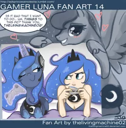 Size: 1280x1296 | Tagged: safe, artist:johnjoseco, artist:thelivingmachine02, derpibooru import, princess luna, human, pony, ask princess molestia, gamer luna, blushing, gamer luna fan art, heart, human ponidox, humanized