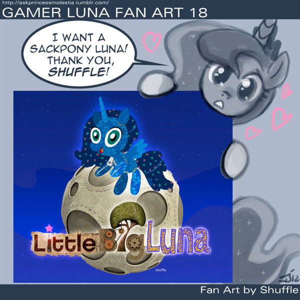 Size: 1280x1280 | Tagged: artist:johnjoseco, artist:shuffle, ask princess molestia, crossover, cute, derpibooru import, gamer luna, gamer luna fan art, little big planet, littlebigplanet, lunabetes, princess luna, safe