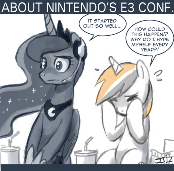 Size: 650x640 | Tagged: safe, artist:johnjoseco, derpibooru import, princess luna, oc, oc:belle eve, ponified, pony, ask princess molestia, gamer luna, belle eve, comic, drink, e3, headset, nintendo, straw