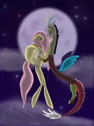 Size: 1920x2560 | Tagged: safe, artist:kell95, derpibooru import, discord, fluttershy, semi-anthro, discoshy, female, flying, male, moon, shipping, straight