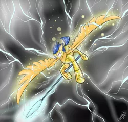 Size: 1024x980 | Tagged: armor, artist:dragonfoxgirl, badass, derpibooru import, epic, flash sentry, flash sentry savior of the universe, flash the lightning-bearer, glowing eyes, lightning, safe, solo, spear, thunder