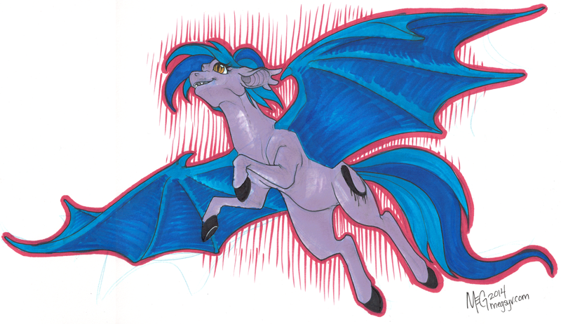 Size: 4095x2363 | Tagged: safe, artist:megsyv, derpibooru import, oc, oc:inky, unofficial characters only, bat pony, pony, absurd resolution, female, flying, mare, marker drawing, simple background, solo, traditional art, white background