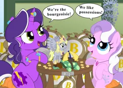 Size: 1216x870 | Tagged: safe, artist:ohohokapi, deleted from derpibooru, derpibooru import, derpy hooves, diamond tiara, tank, oc, oc:purple tinker, alicorn, pony, alicornified, bitcoin, bits, bourgeoisie, cryptocurrency, derpicorn, image, jpeg, open mouth, princess derpy, race swap, sack, sitting, smiling, spread wings, table