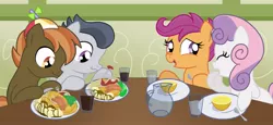 Size: 1536x704 | Tagged: safe, artist:ohohokapi, deleted from derpibooru, derpibooru import, button mash, rumble, scootaloo, sweetie belle, female, housewife, lemon, male, meat, ponies eating meat, rumbloo, shipping, straight, sweetiemash, tomboy taming
